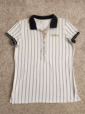 South Pole White & Navy Striped Pinstripe Polo Tee with Gold Accents